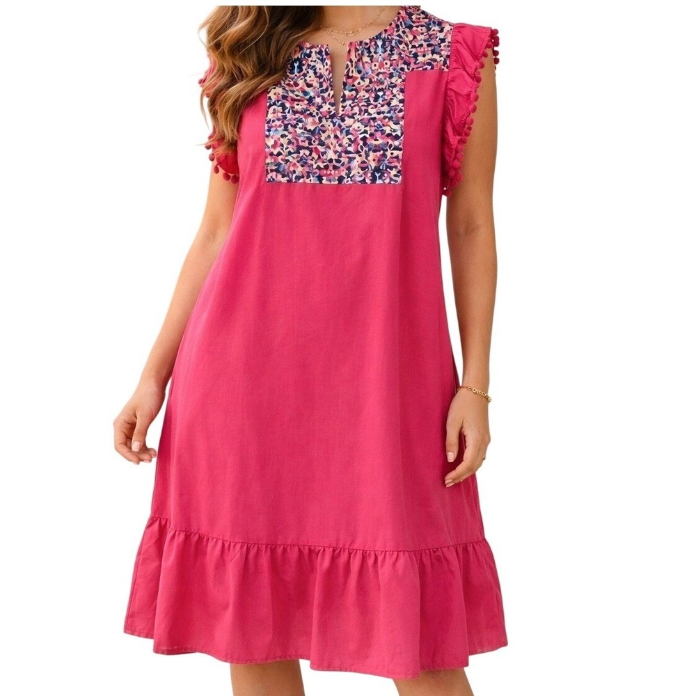 Tees2urdoor Women Pink Mosaic‎ Ruffle Pom Pom Tunic Dress L Excellent condition